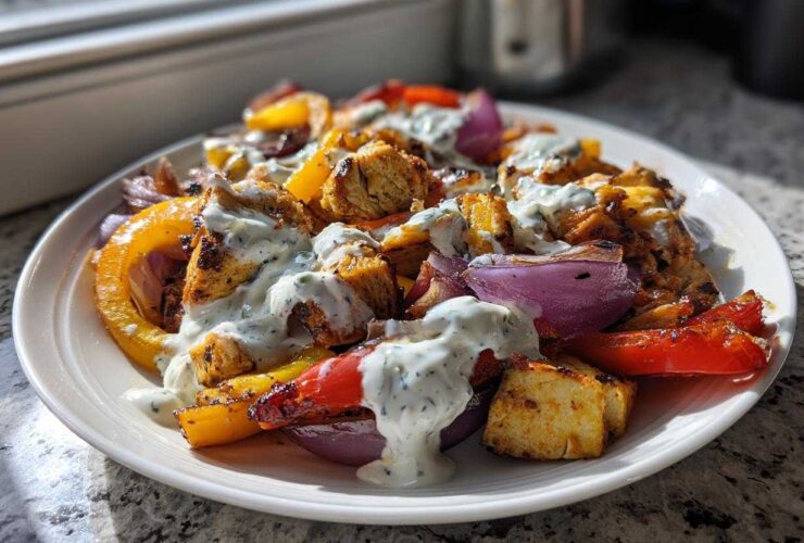 Close-up of Sheet Pan Chicken Shawarma pieces mixed with roasted red onions and peppers, drizzled generously with garlic yogurt sauce.