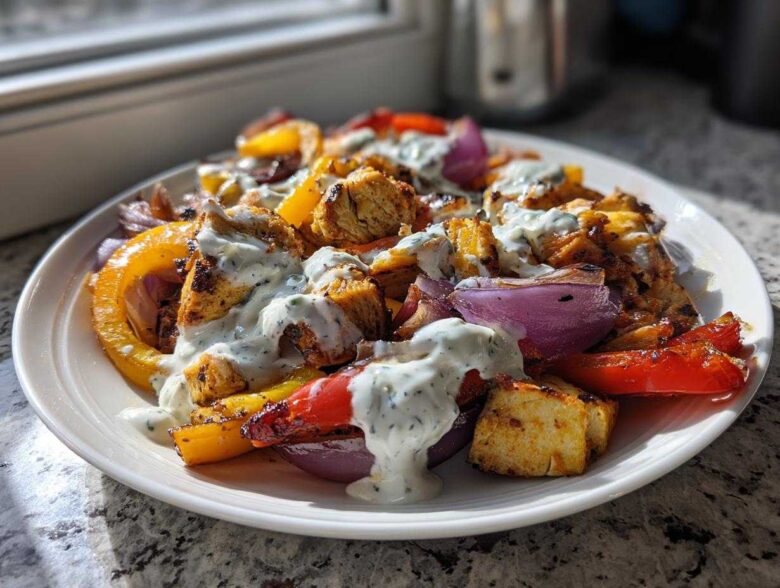 Close-up of Sheet Pan Chicken Shawarma pieces mixed with roasted red onions and peppers, drizzled generously with garlic yogurt sauce.