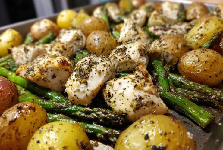 Close-up of Sheet Pan Lemon Pepper Chicken and Potatoes with roasted asparagus.