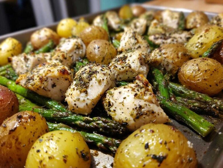 Close-up of Sheet Pan Lemon Pepper Chicken and Potatoes with roasted asparagus.