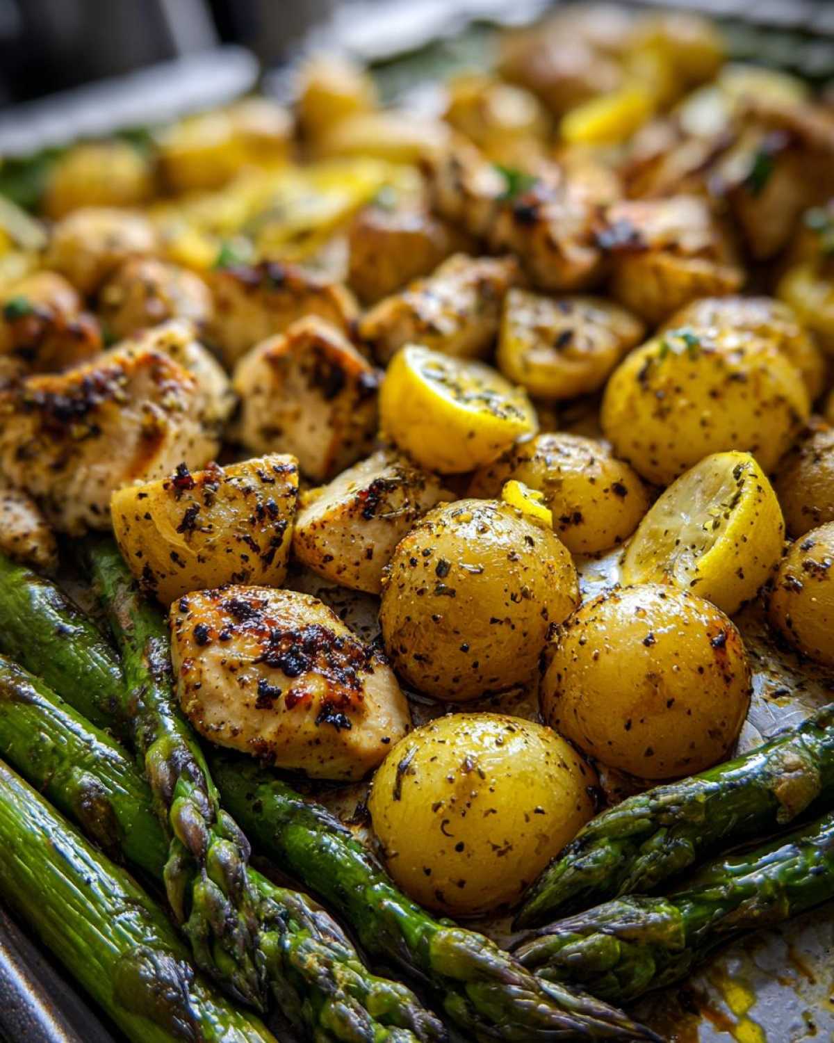 Close-up of Sheet Pan Lemon Pepper Chicken and Potatoes with roasted asparagus and lemon wedges.