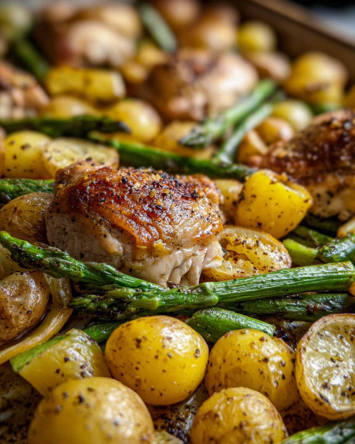 Close-up of crispy Sheet Pan Lemon Pepper Chicken and Potatoes with asparagus and roasted lemon slices.