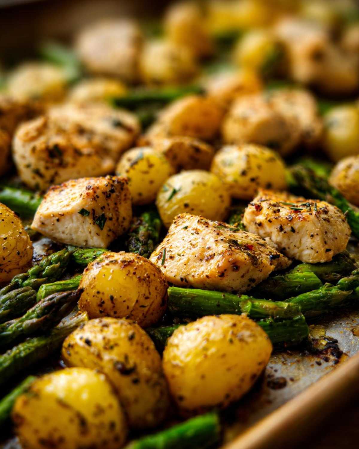 Close-up of seasoned chicken pieces, roasted baby potatoes, and asparagus on a sheet pan.