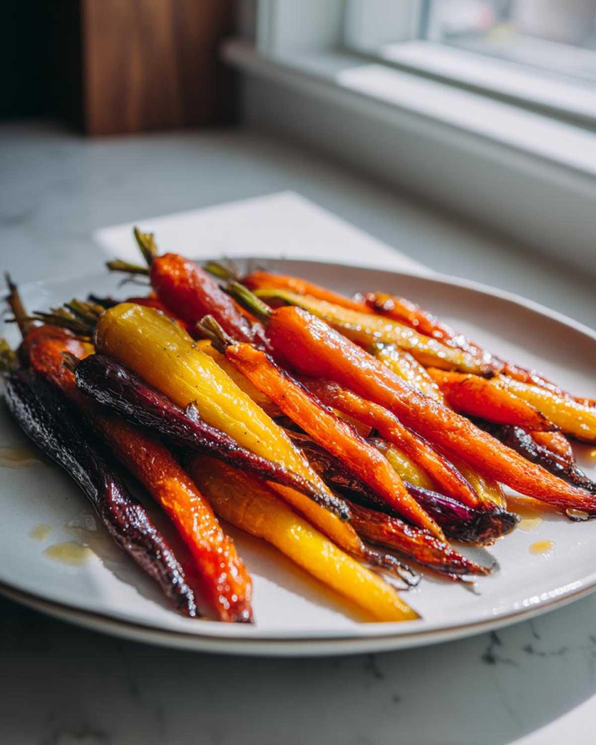 A plate of glistening Sheet Pan Roasted Rainbow Carrots with Honey, showing orange, yellow, and purple varieties.