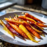 A close-up of glistening Sheet Pan Roasted Rainbow Carrots with honey on a white plate.