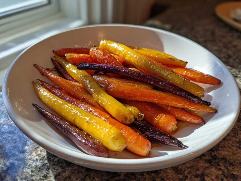 A white bowl filled with glossy, roasted Sheet Pan Roasted Rainbow Carrots with Honey in orange, yellow, and purple.