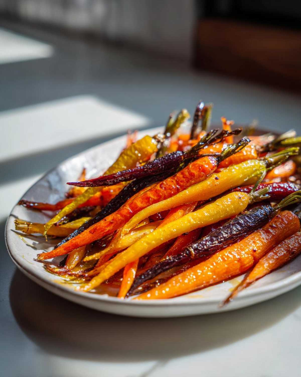 A platter of glistening Sheet Pan Roasted Rainbow Carrots with Honey, showing orange, yellow, and purple varieties.