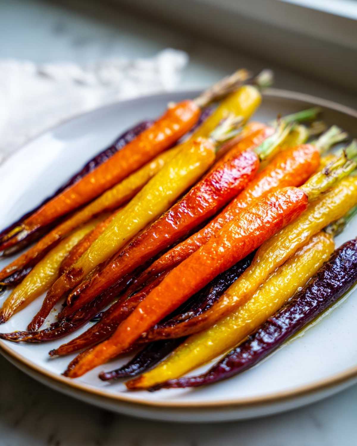 Close-up of glossy Sheet Pan Roasted Rainbow Carrots with Honey on a white plate.