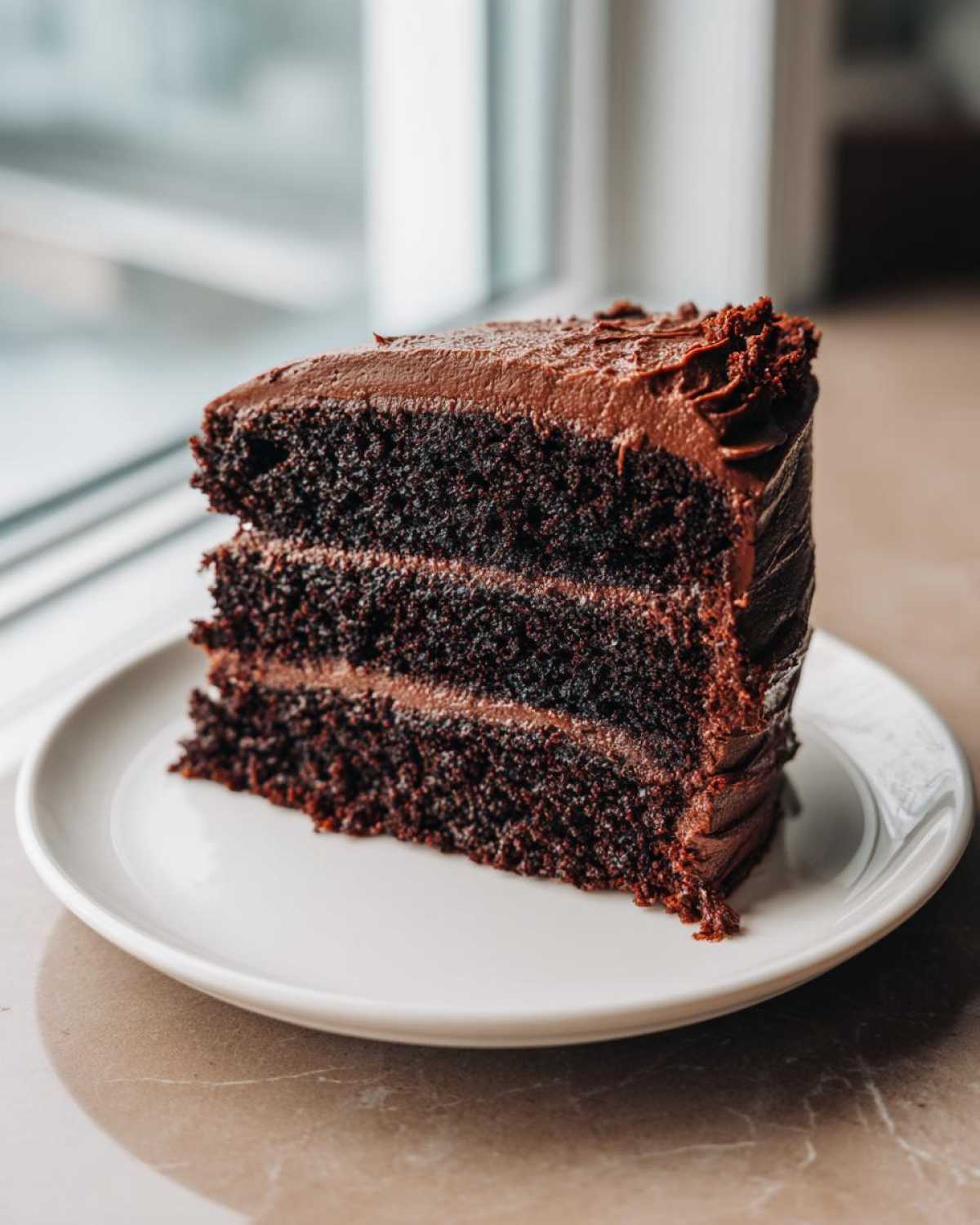 A tall, three-layer slice of rich Gluten-Free Chocolate Cake with thick chocolate frosting.