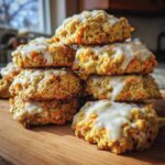 A stack of Soft-Baked Carrot Cake Cookies generously topped with dripping cream cheese glaze on a wooden board.