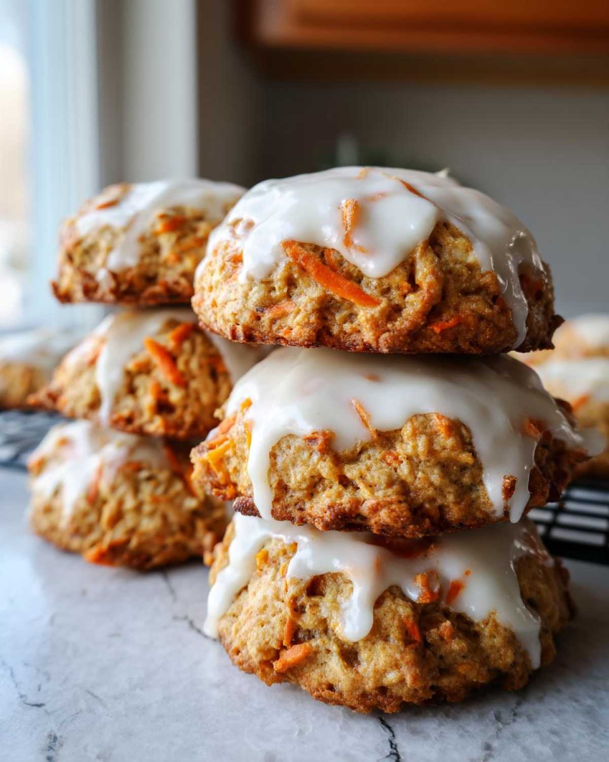 A stack of four Soft-Baked Carrot Cake Cookies generously topped with dripping cream cheese glaze.