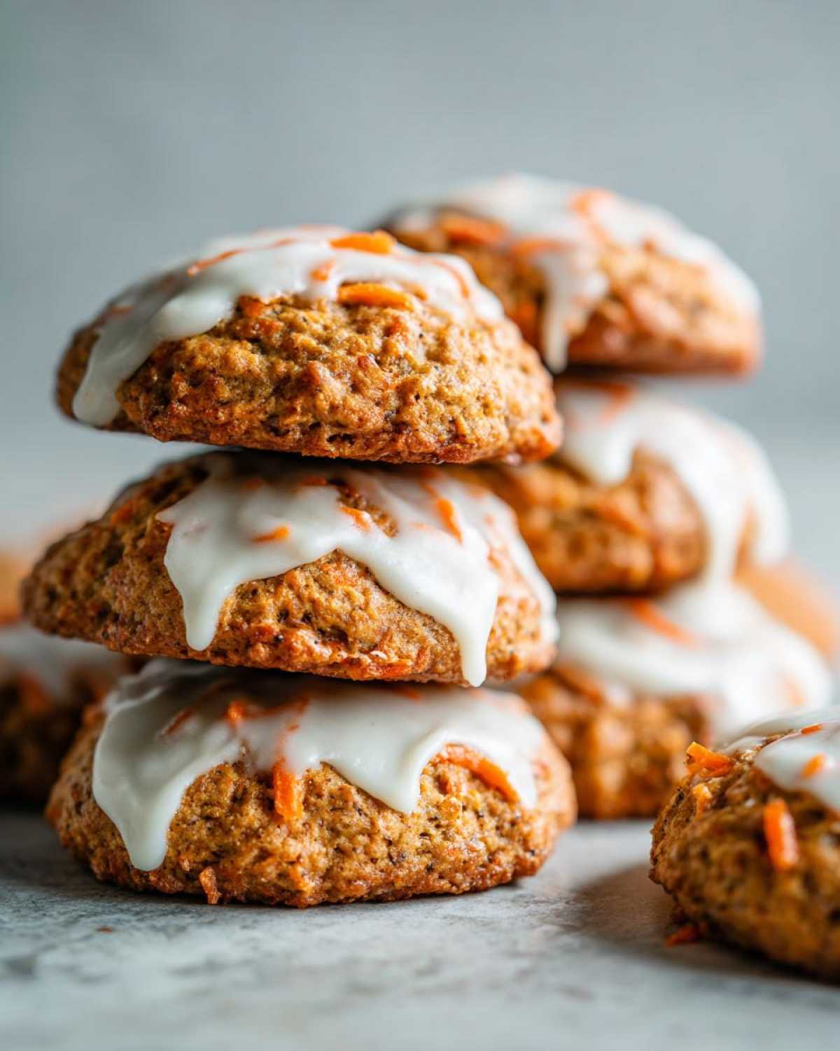 A stack of Soft-Baked Carrot Cake Cookies topped with dripping cream cheese glaze and visible shreds of carrot.