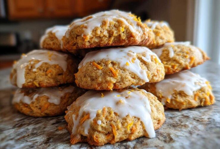 A stack of delicious Soft-Baked Carrot Cake Cookies topped with dripping cream cheese glaze.