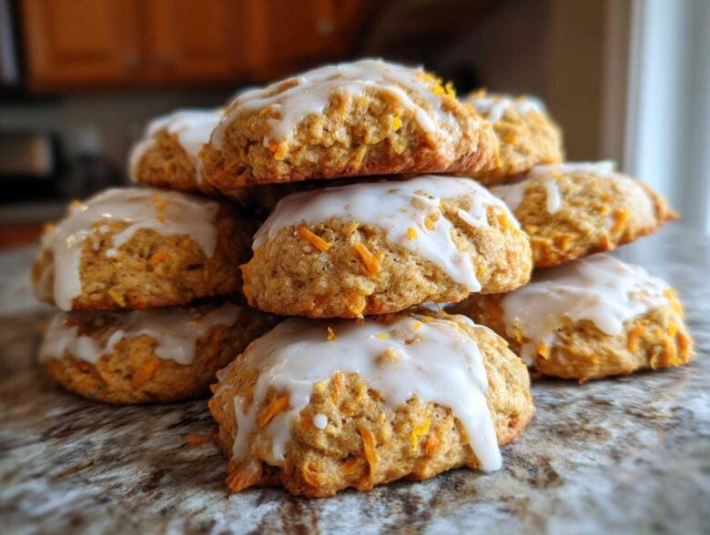 A stack of delicious Soft-Baked Carrot Cake Cookies topped with dripping cream cheese glaze.