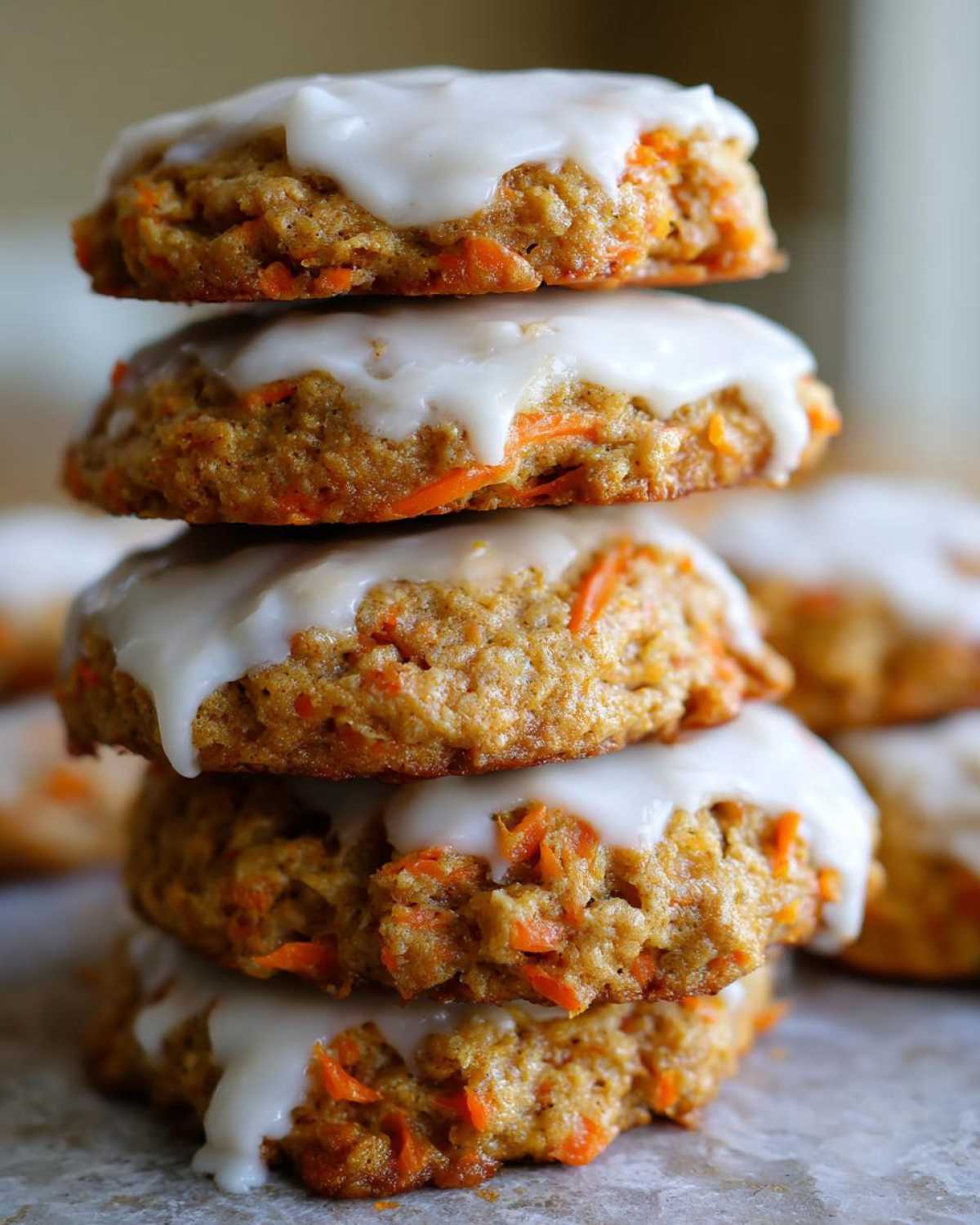 A vertical stack of four Soft-Baked Carrot Cake Cookies topped with thick, dripping cream cheese glaze.