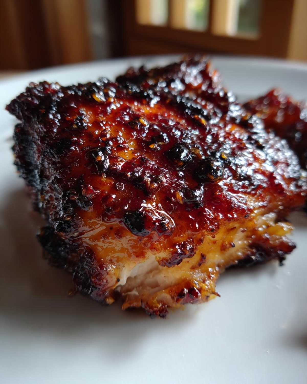 Close-up of a perfectly cooked piece of Spicy Honey Garlic Air Fryer Chicken Thighs with a dark, caramelized, and glossy glaze.
