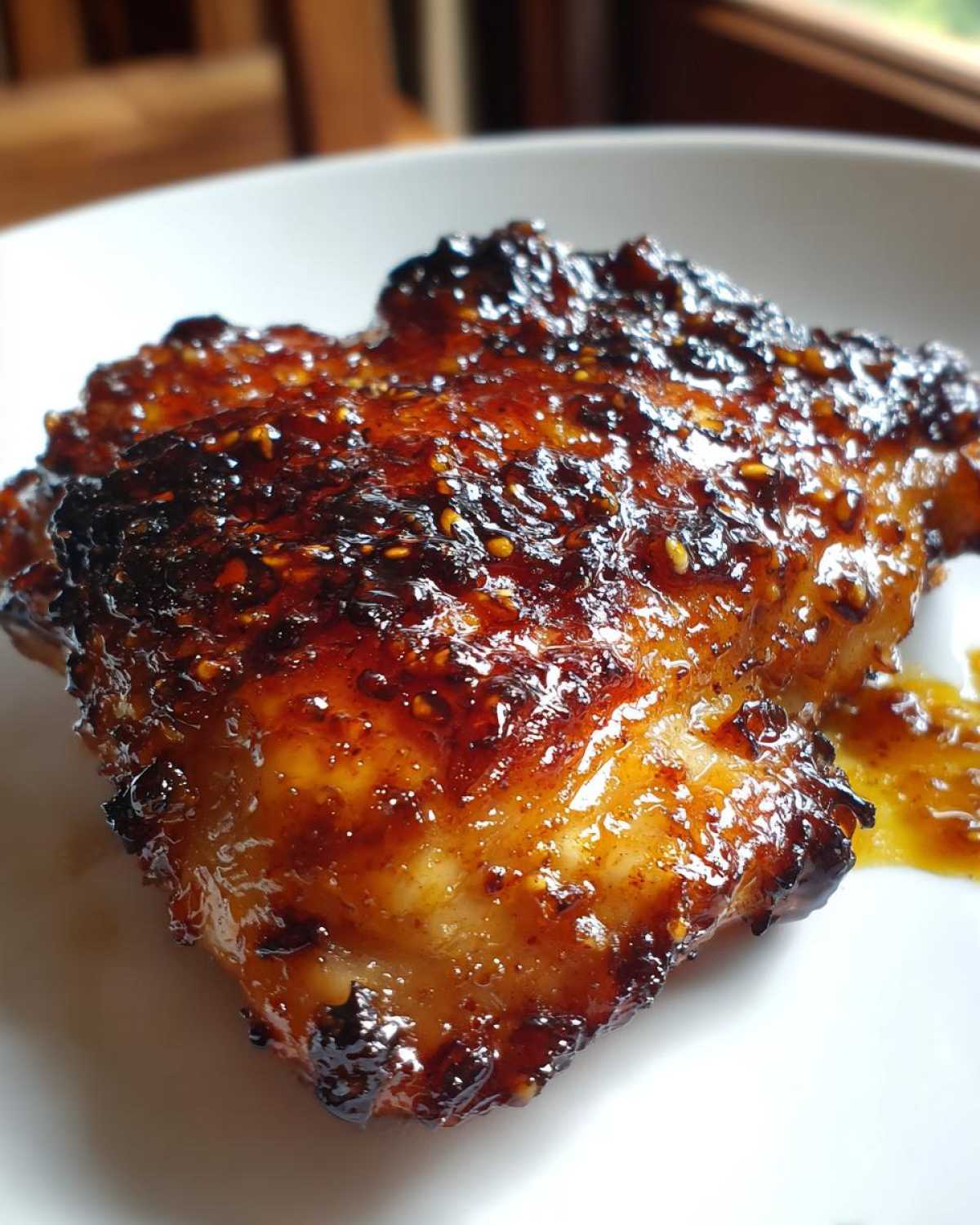Close-up of a perfectly cooked Spicy Honey Garlic Air Fryer Chicken Thighs with a sticky, caramelized glaze.