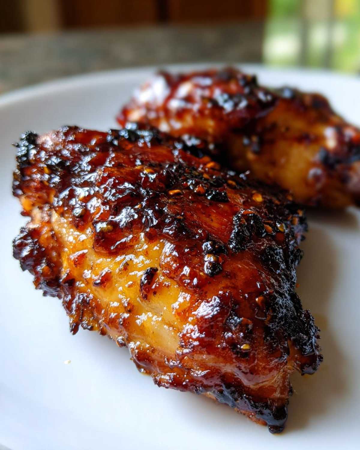 Close-up of a perfectly cooked Spicy Honey Garlic Air Fryer Chicken Thighs with a dark, sticky glaze.