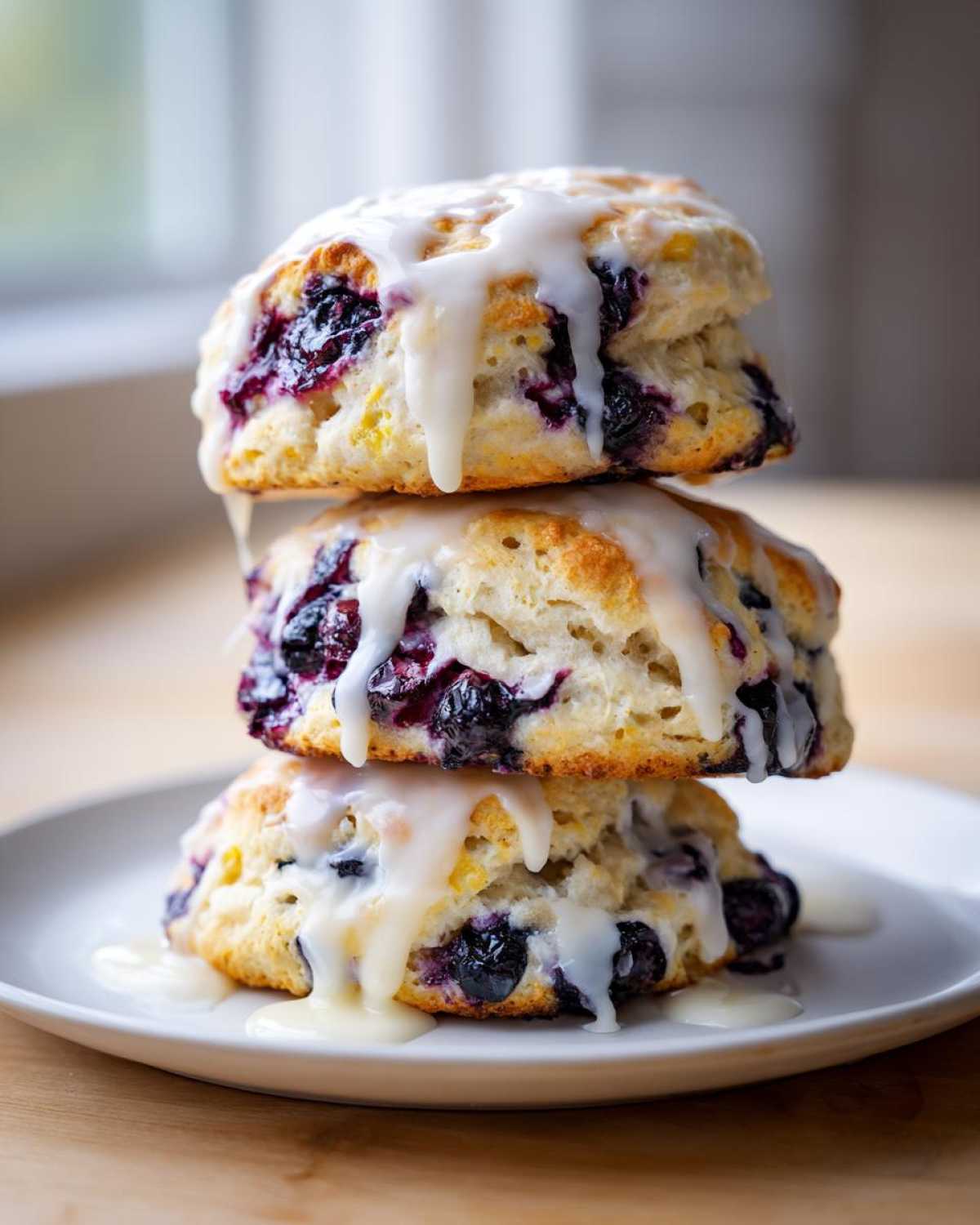 Three stacked Blueberry Lemon Scones drizzled heavily with a thick white lemon glaze.