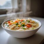 A close-up of a steaming white bowl filled with creamy Chicken Pot Pie Soup, featuring shredded chicken, peas, carrots, and corn.