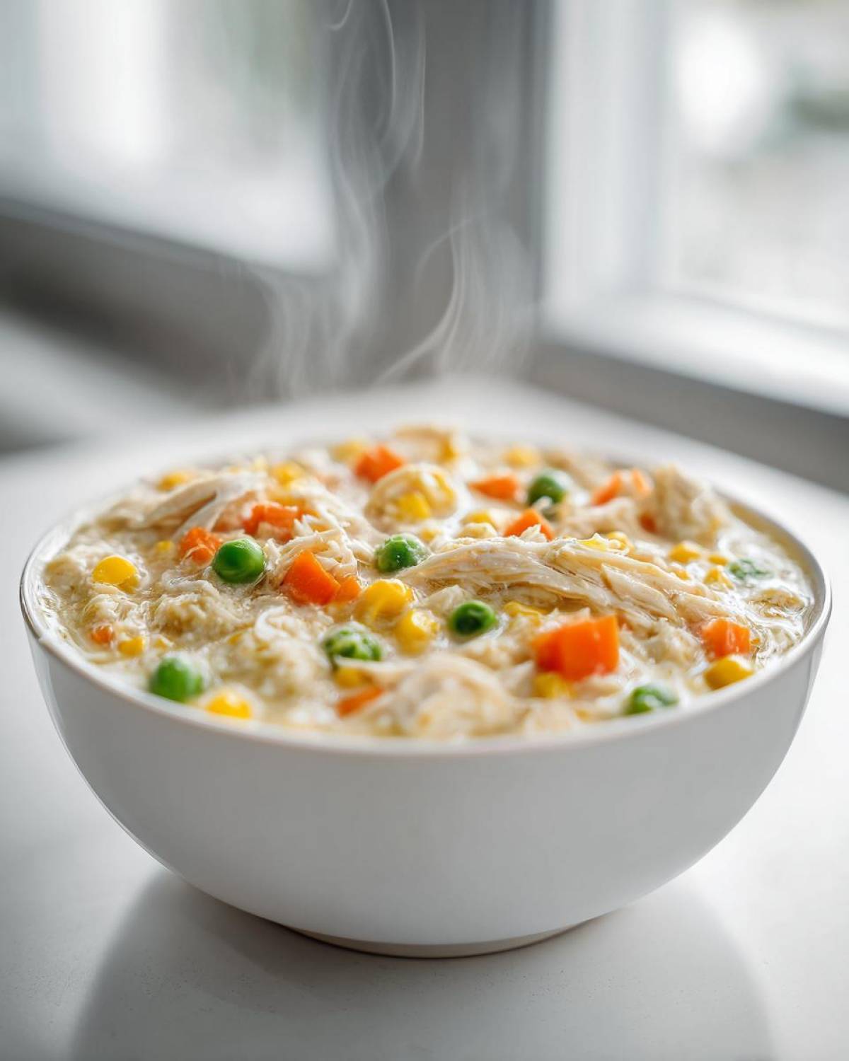 A close-up of a steaming white bowl filled with creamy Chicken Pot Pie Soup, featuring shredded chicken, peas, carrots, and corn.