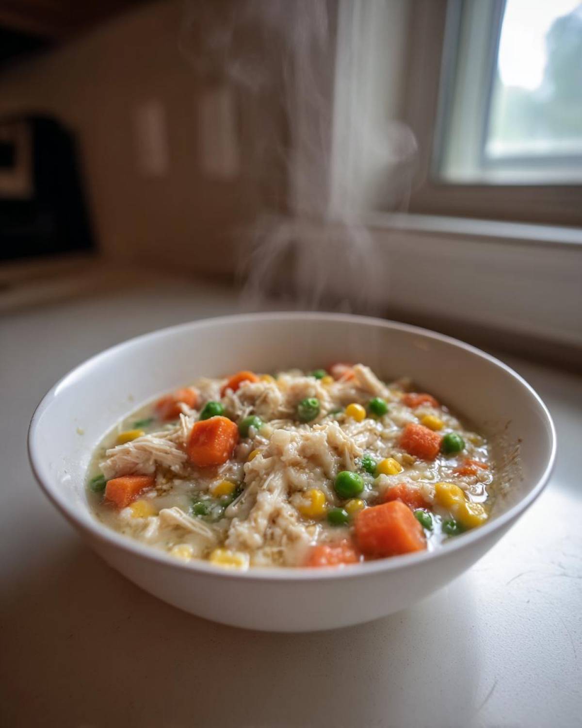 A white bowl filled with hot, steaming Chicken Pot Pie Soup featuring shredded chicken, carrots, peas, and corn.