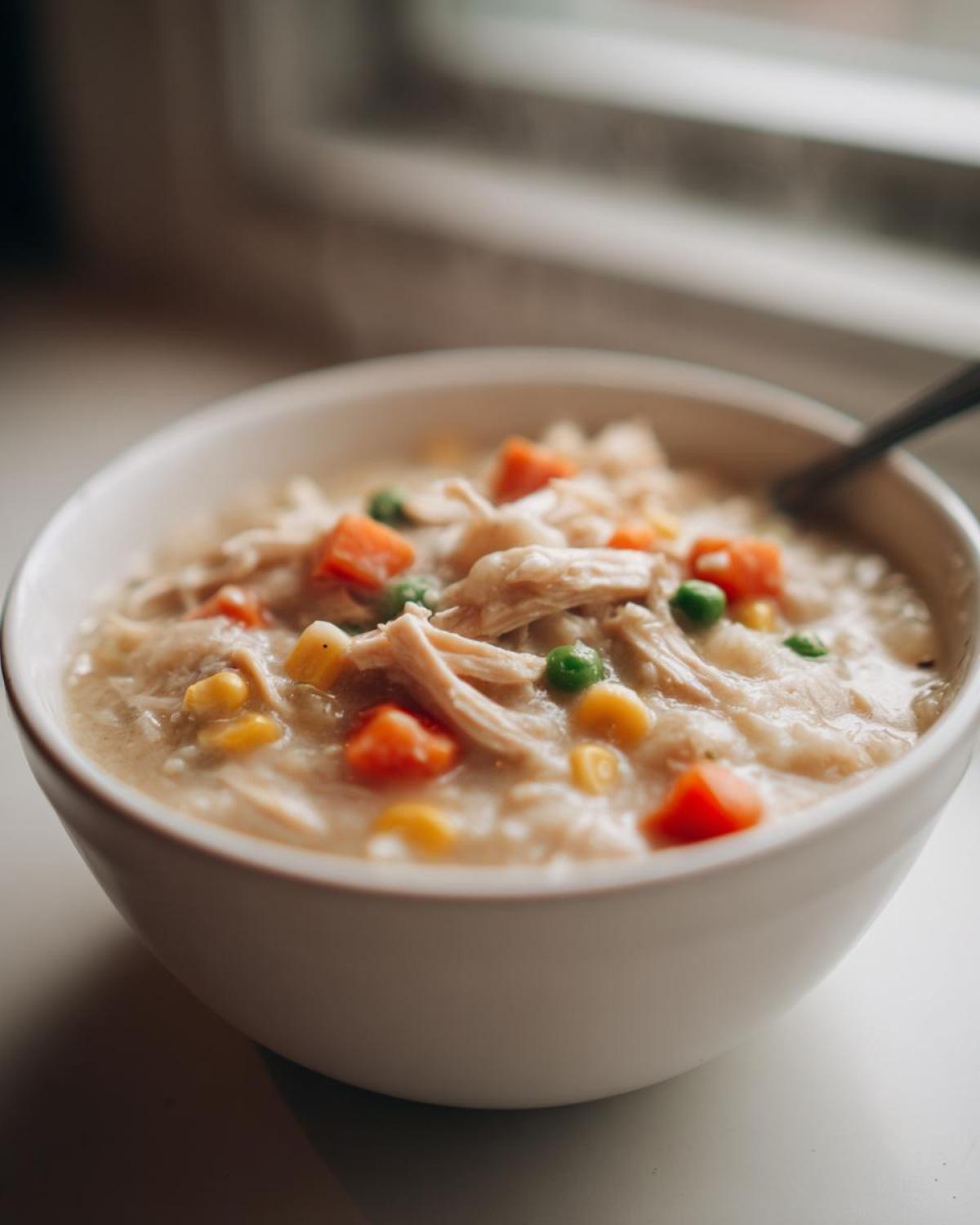 Close-up of a steaming white bowl filled with creamy Chicken Pot Pie Soup, featuring shredded chicken, carrots, peas, and corn.