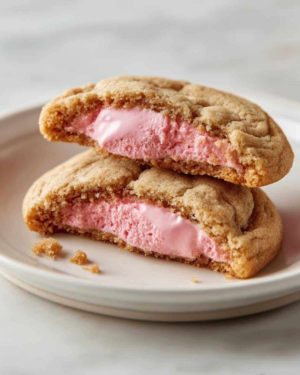 Two halves of a Strawberry Cheesecake Stuffed Cookie stacked, revealing the thick, pink, creamy filling.