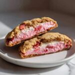 Close-up of Strawberry Cheesecake Stuffed Cookies cut in half showing the creamy pink and white filling.