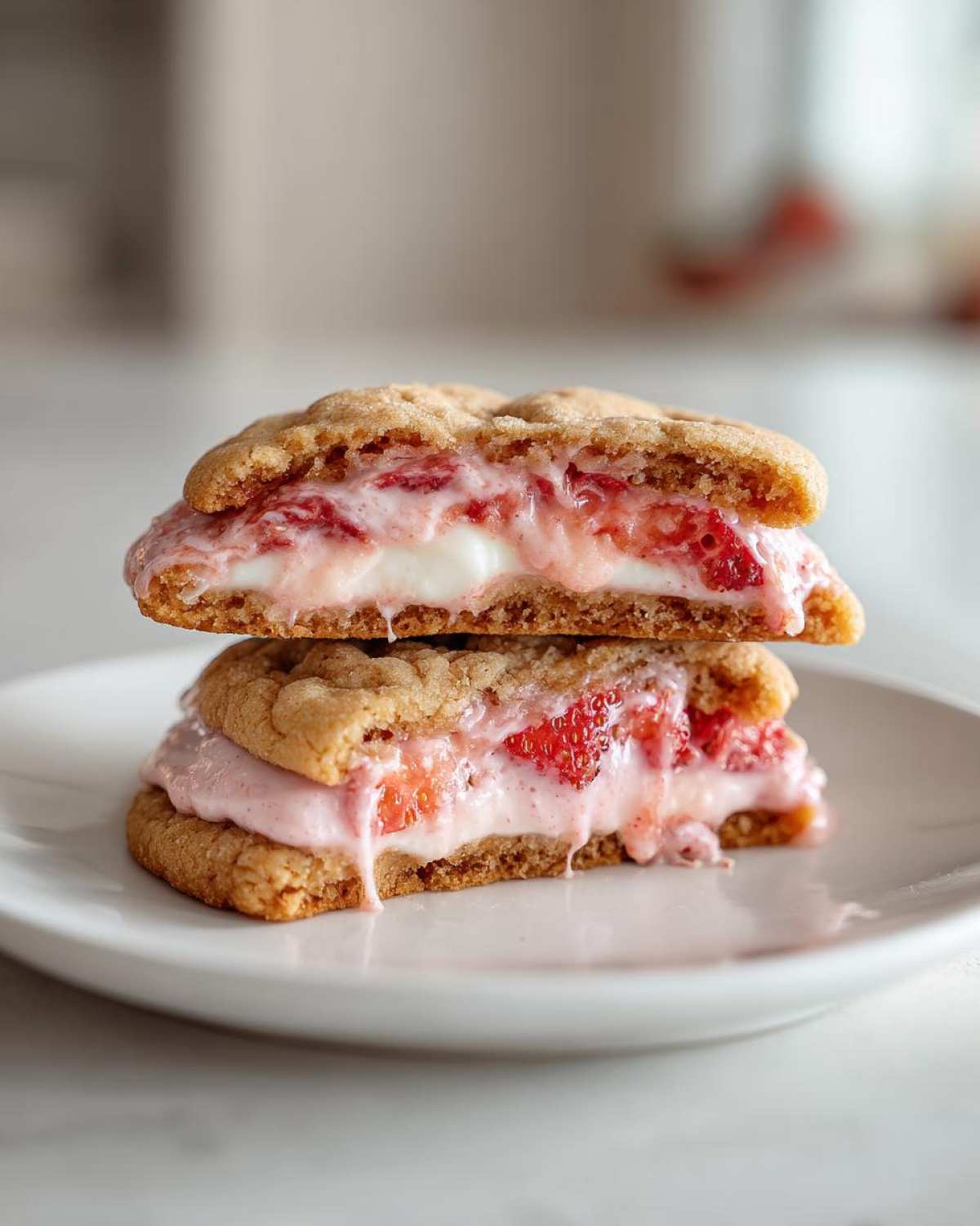 A close-up of Strawberry Cheesecake Stuffed Cookies, cut in half and stacked, showing the creamy filling and strawberry pieces.