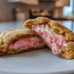 Close-up of a Strawberry Cheesecake Stuffed Cookie broken open showing the pink, creamy filling.