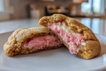 Close-up of a Strawberry Cheesecake Stuffed Cookie broken open showing the pink, creamy filling.