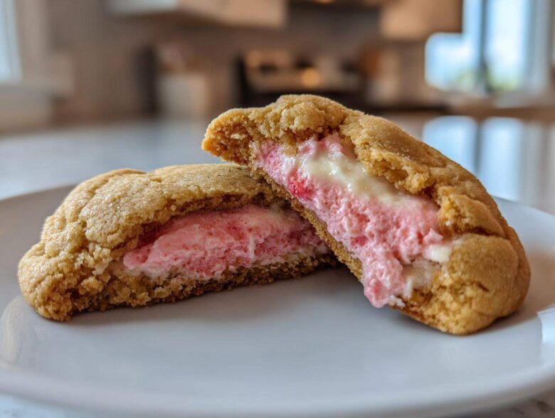 Close-up of a Strawberry Cheesecake Stuffed Cookie broken open showing the pink, creamy filling.