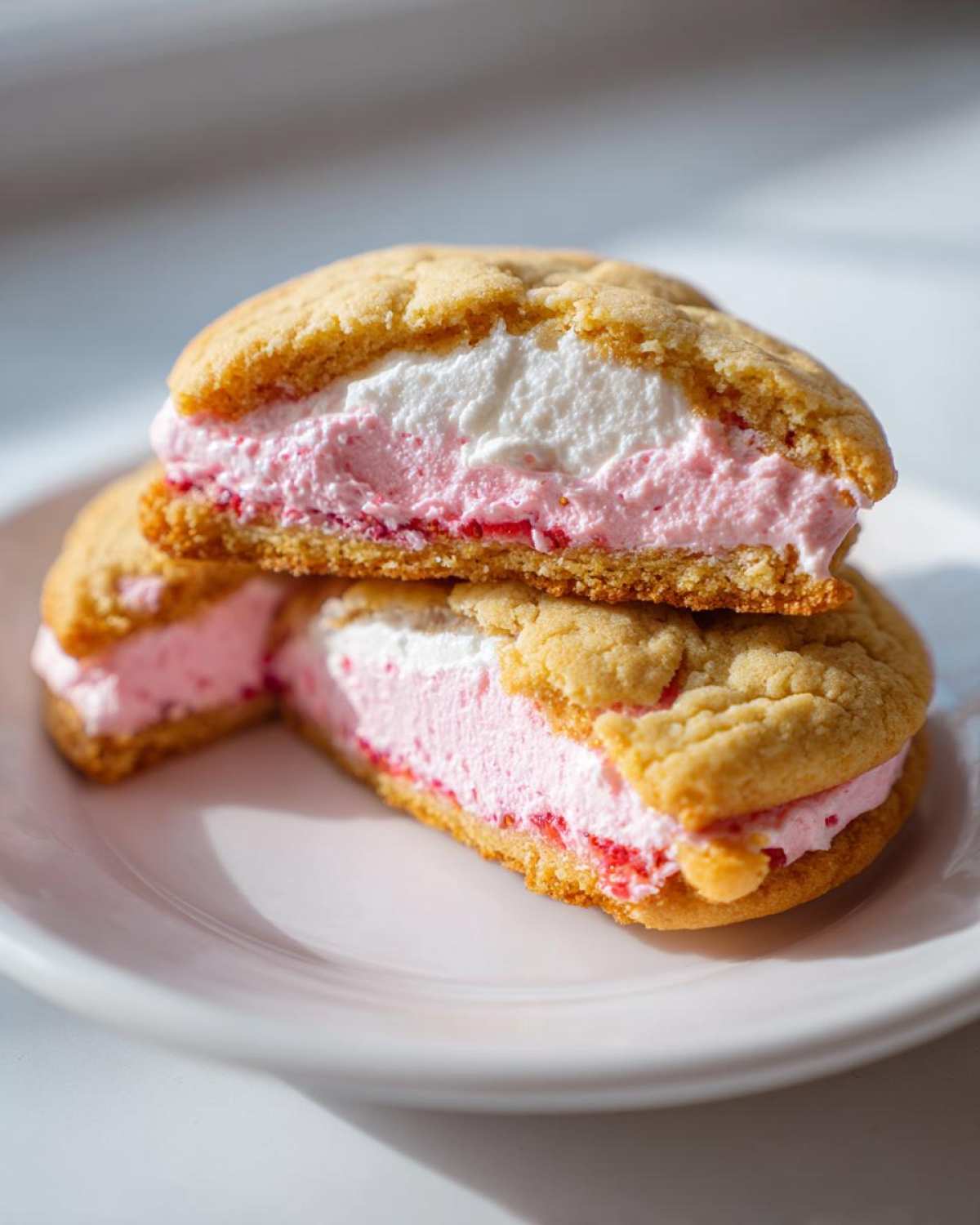 A close-up of Strawberry Cheesecake Stuffed Cookies cut in half, showing the thick pink and white filling between two soft cookies.