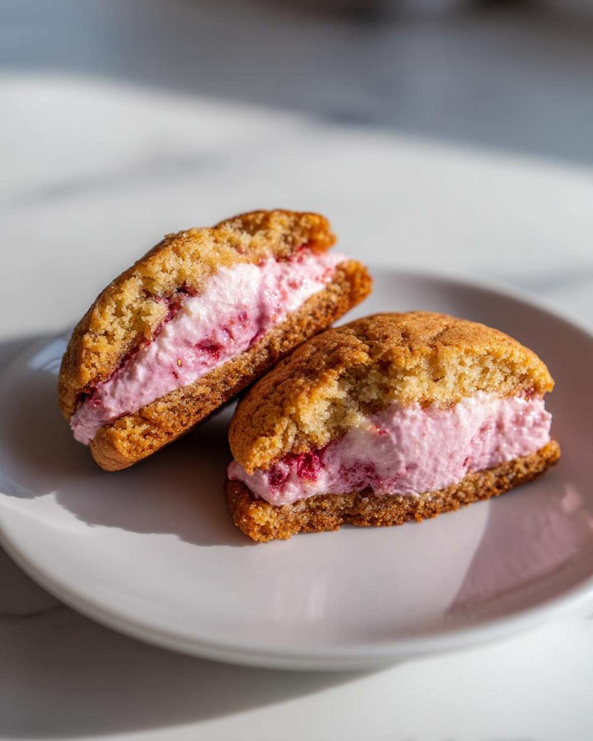 Two halves of Strawberry Cheesecake Stuffed Cookies showing the thick, pink, creamy filling on a white plate.