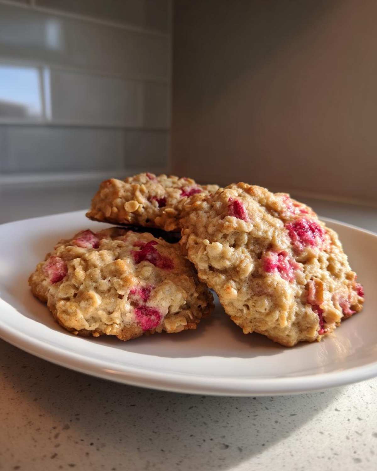Three freshly baked Strawberry Oatmeal Breakfast Cookies stacked slightly on a white plate in natural light.