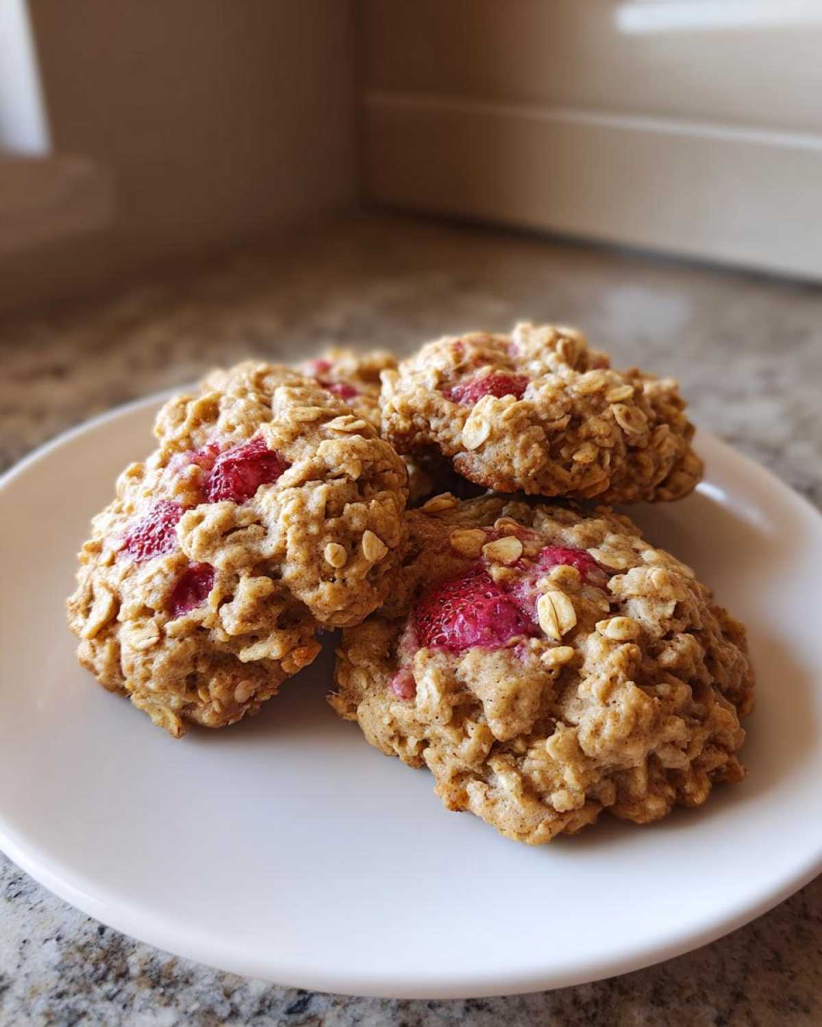 Four freshly baked Strawberry Oatmeal Breakfast Cookies stacked slightly on a white plate.