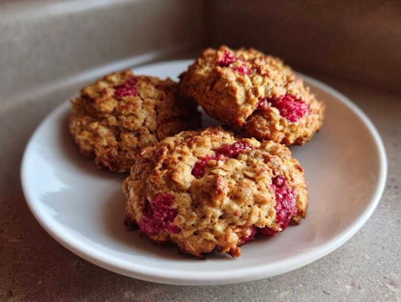 Three golden brown Strawberry Oatmeal Breakfast Cookies studded with bright red fruit pieces, served on a small white plate.