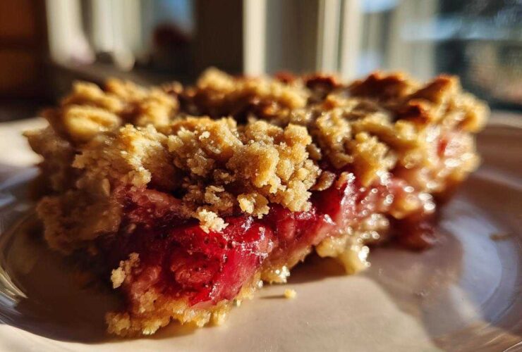 A close-up, sunlit slice of Strawberry Rhubarb Crisp showing bright red fruit filling and crunchy topping.