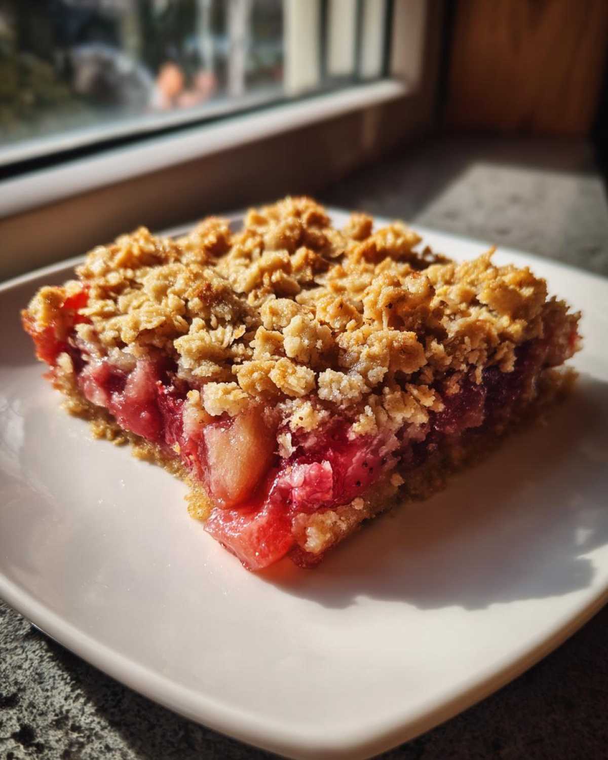 A square slice of Strawberry Rhubarb Crisp with a thick, golden oat topping served on a white plate.