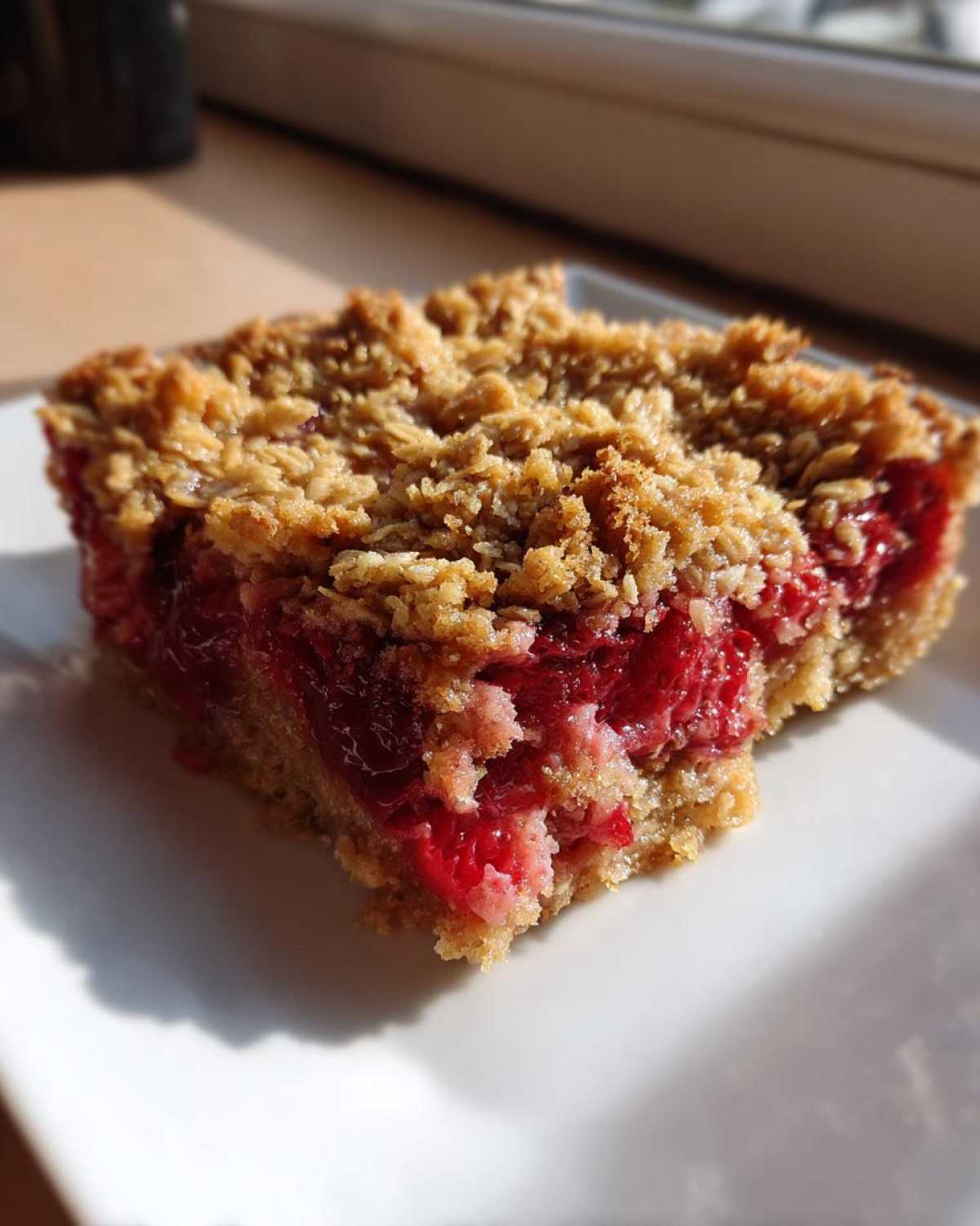 Close-up of a square slice of Strawberry Rhubarb Crisp showing the bright red filling and golden oat topping.