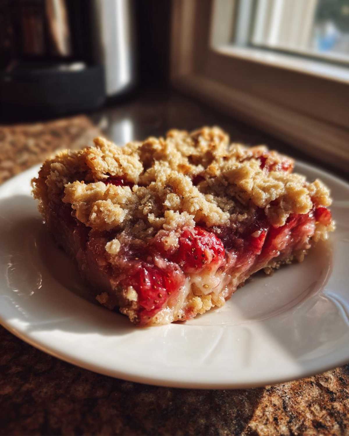 A close-up of a square slice of Strawberry Rhubarb Crisp on a white plate, showing juicy red filling and golden crumble.