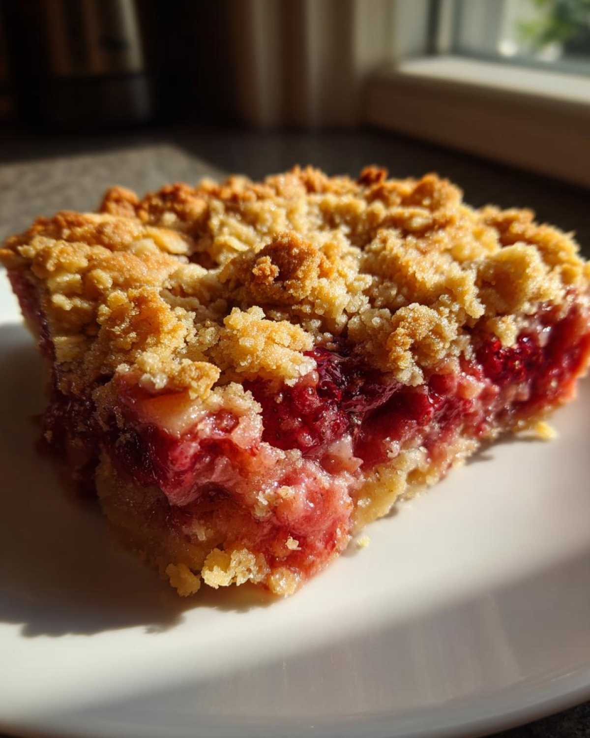A close-up, sunlit slice of Strawberry Rhubarb Crisp showing the golden crumble topping and bright red fruit filling.