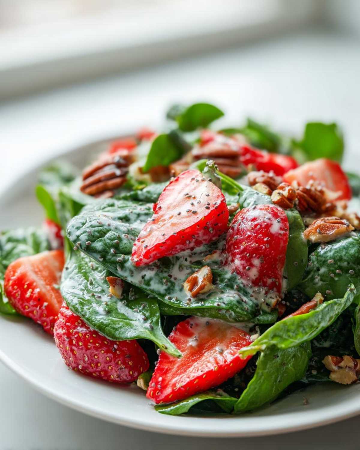 Close-up of a vibrant Strawberry Spinach Salad with pecans and creamy Poppy Seed Dressing coating the leaves.