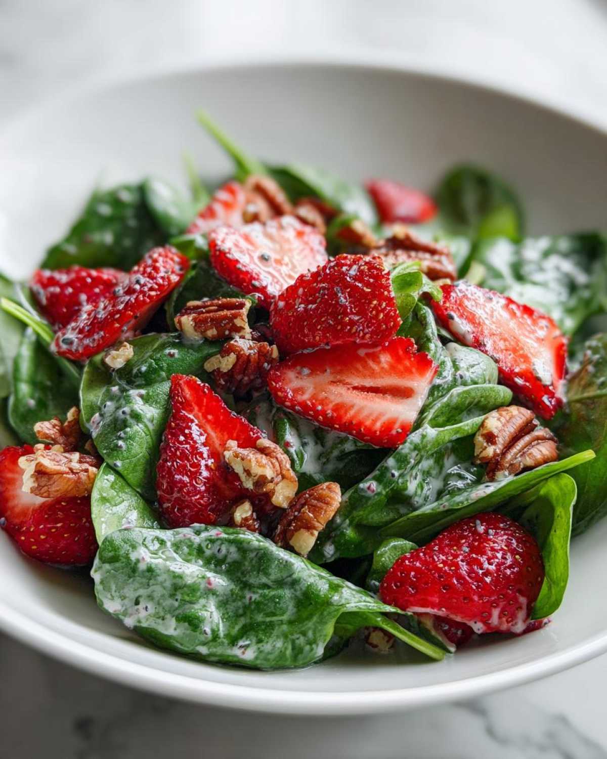 Close-up of a vibrant Strawberry Spinach Salad with pecans, coated in a creamy poppy seed dressing.