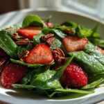 Close-up of a vibrant Strawberry Spinach Salad with pecans, sprinkled with poppy seeds and glistening from dressing.