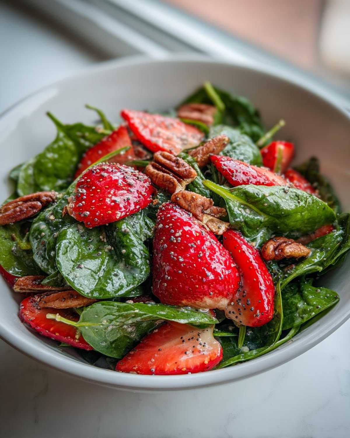 Close-up of a vibrant Strawberry Spinach Salad with pecans, coated in a creamy poppy seed dressing.