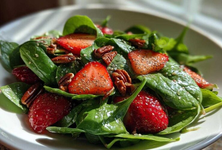 Close-up of a vibrant Strawberry Spinach Salad with pecans, sprinkled with poppy seeds and glistening from dressing.