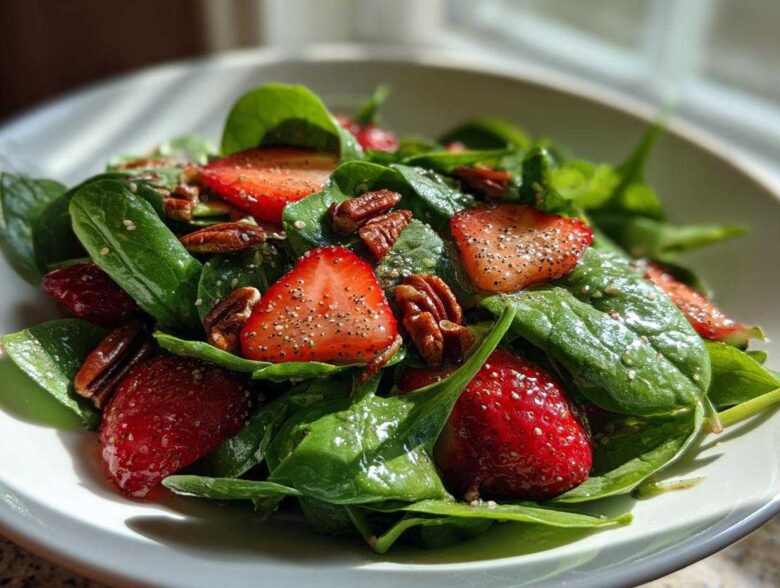 Close-up of a vibrant Strawberry Spinach Salad with pecans, sprinkled with poppy seeds and glistening from dressing.