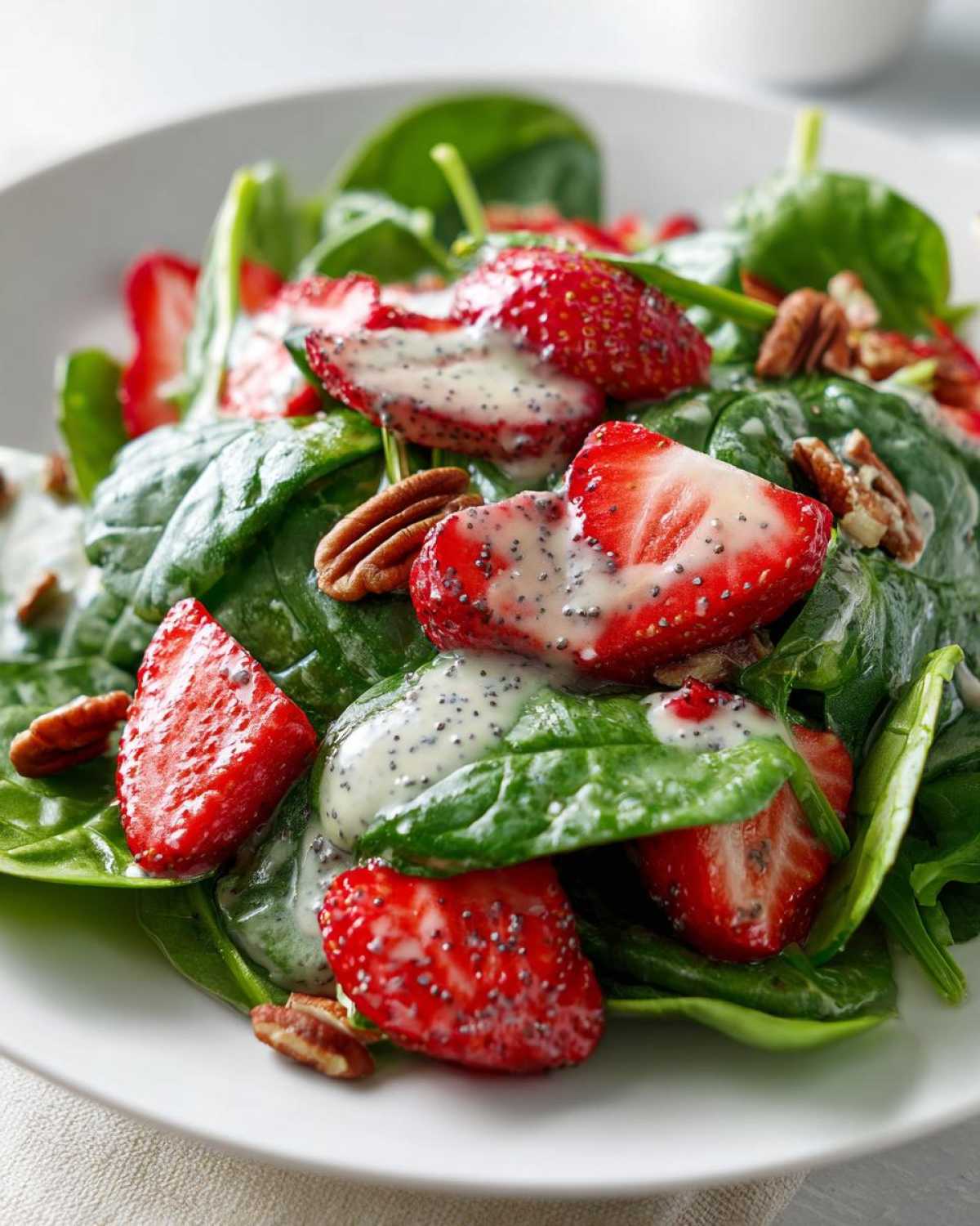Close-up of fresh Strawberry Spinach Salad topped with creamy poppy seed dressing and pecans.